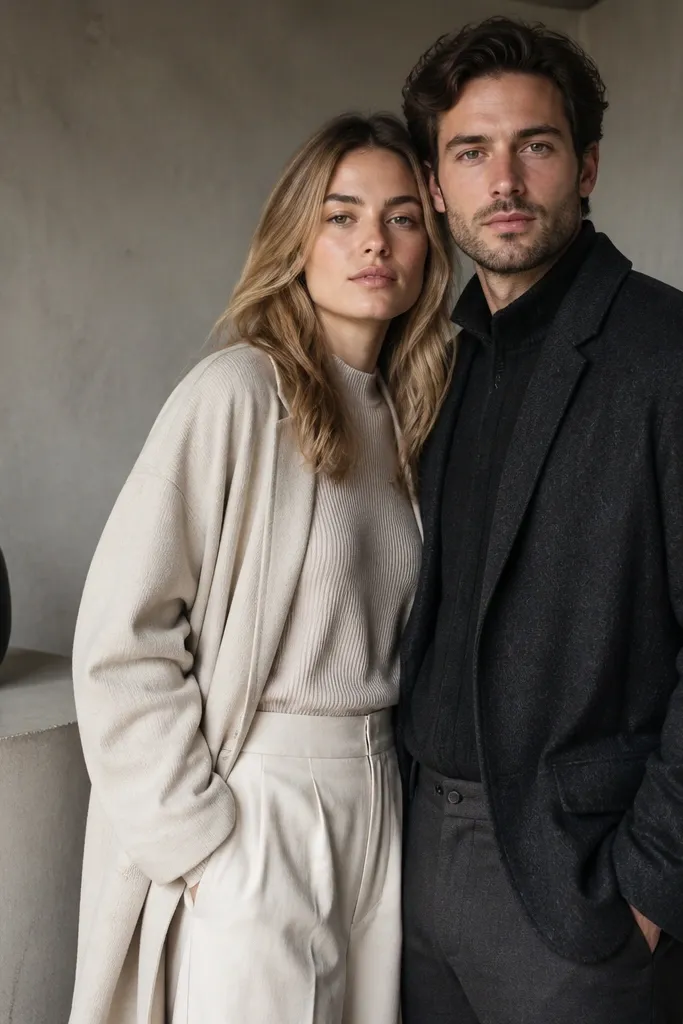 Couple posed against a concrete wall with minimal neutral props