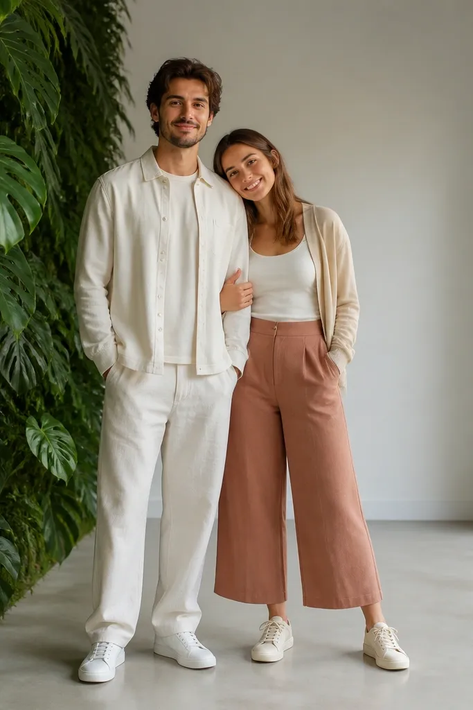 Couple posed beside indoor plants with a clean greenery background strip