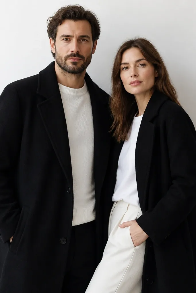 Couple in monochrome outfits posed on a white wall with soft light