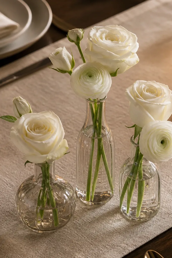Champagne table runner with three glass bud vases and small white blooms