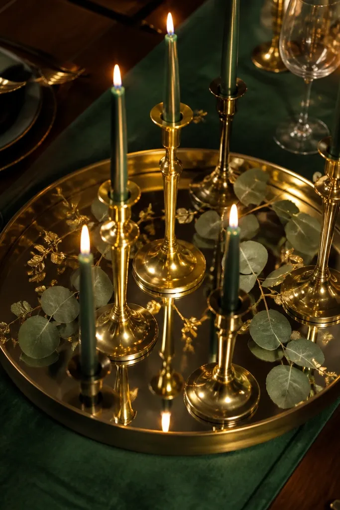 Mirrored tray with deep green taper candles and a few gold leaves
