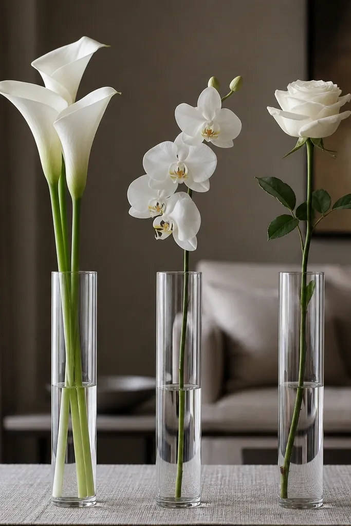 Tall bud vases holding single long-stem flowers on a white cloth