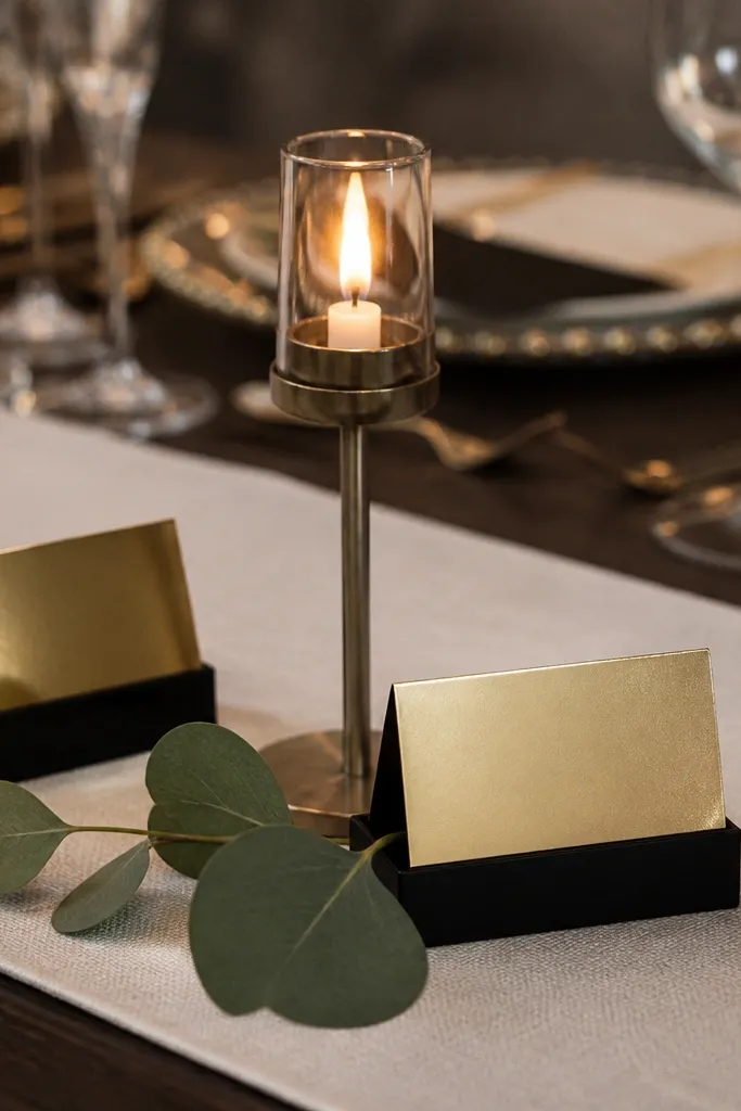 Black acrylic place card holders with gold foil cards on a neutral runner