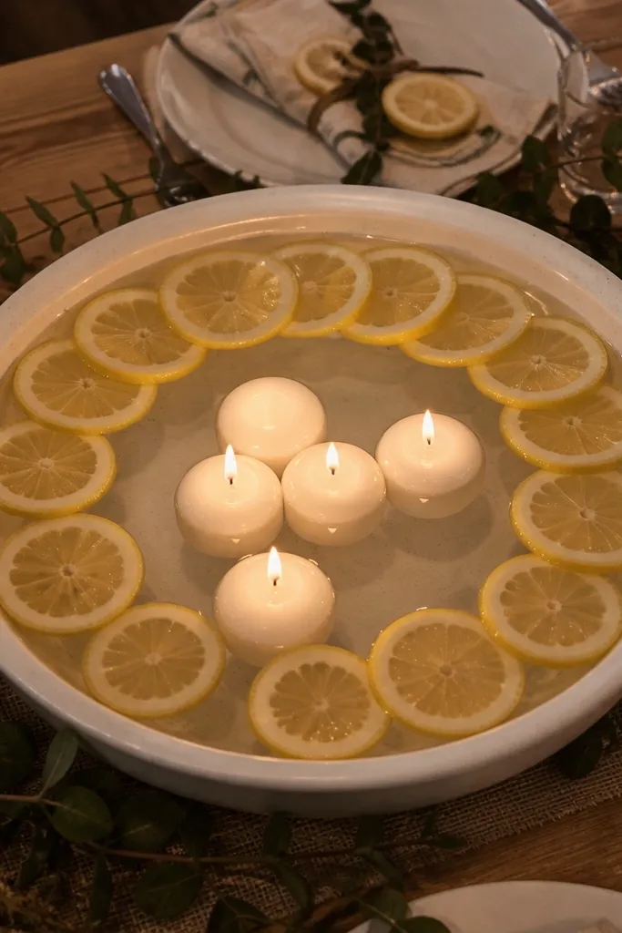 Large white ceramic bowl with water and floating candles and lemons