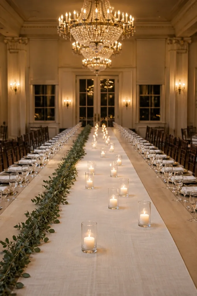Long ivory runner with staggered rows of small candles and minimal greenery