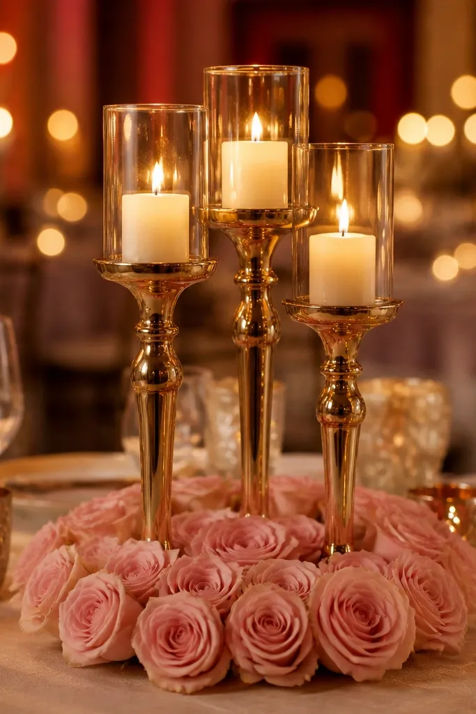 Three gold candlesticks with blush rose buds arranged in a ring