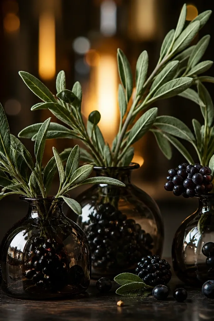 Smoked glass bud vases with dark berries and sage sprigs