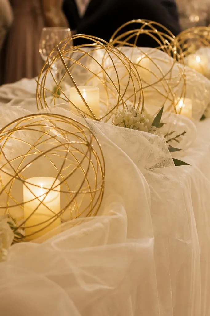 Ivory tulle runner with gold wire orb candle holders and soft candle glow