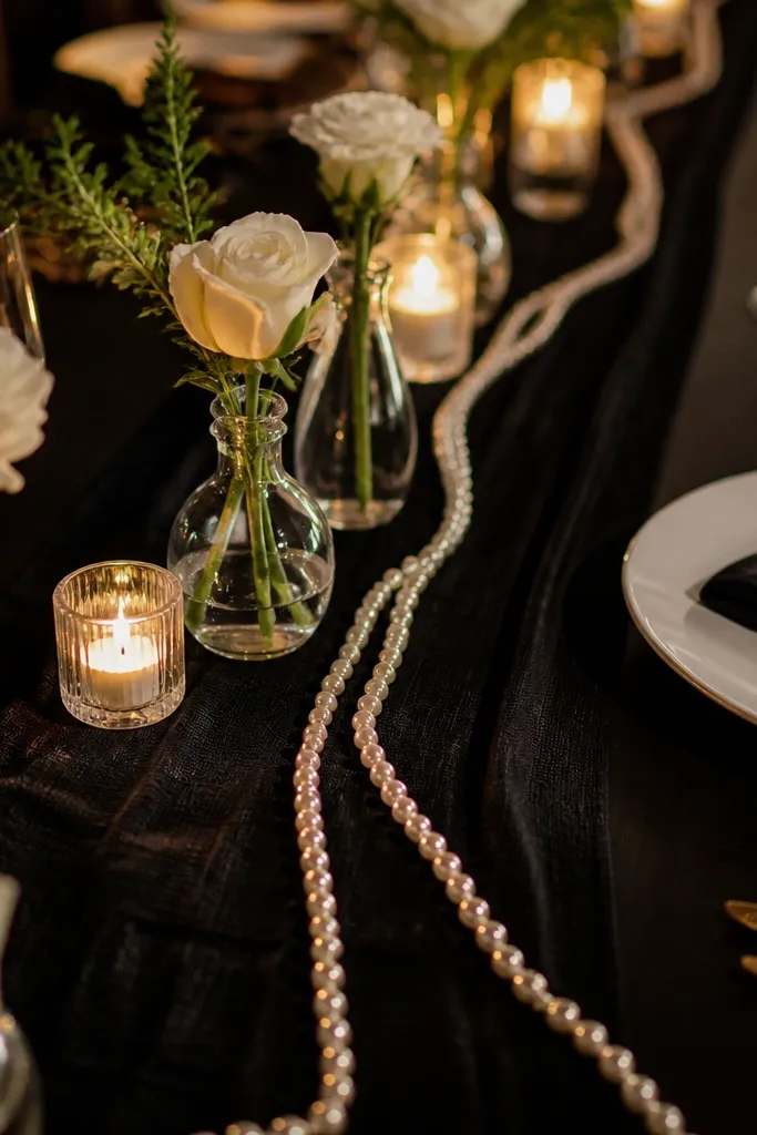 Black table runner with pearl-like bead strands and mini clear vases