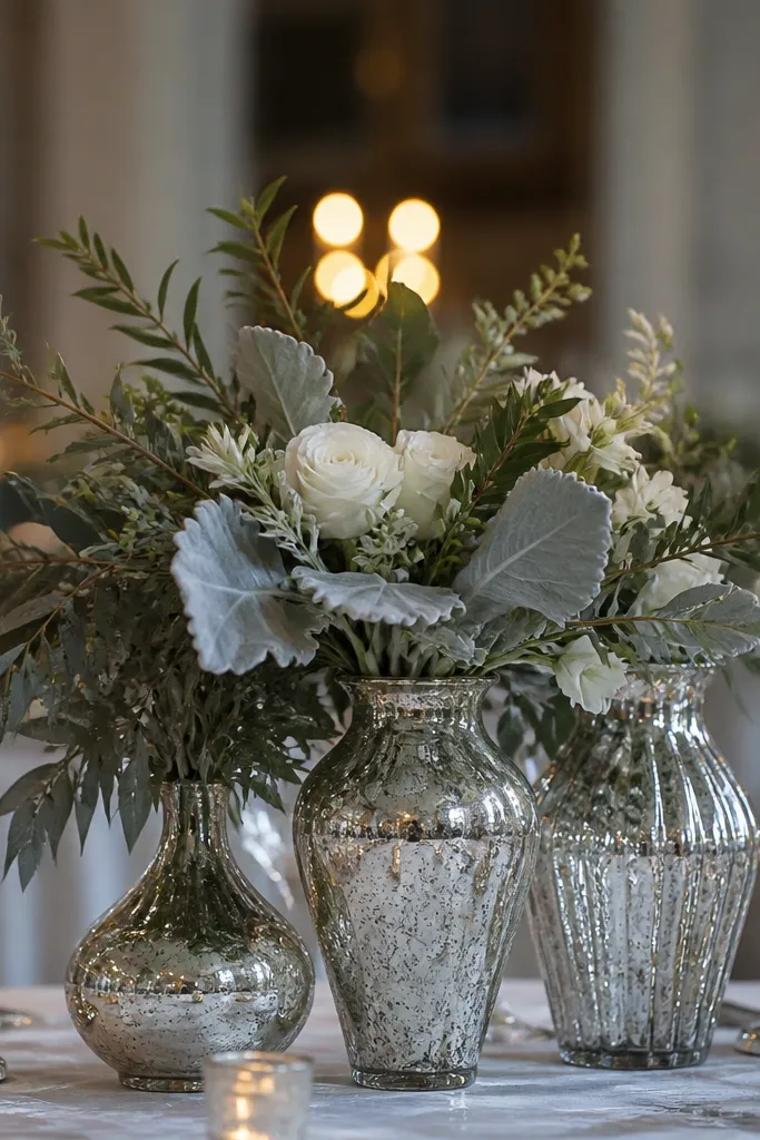 Mercury glass vases with pale greenery and white candles on a light tablecloth