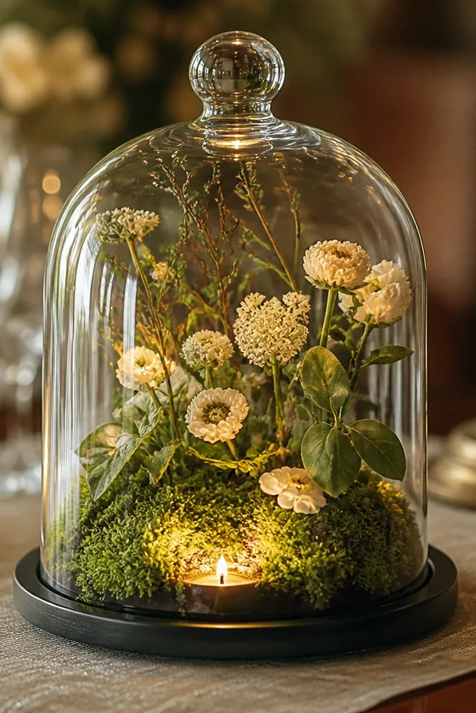 Glass cloche over moss with tiny flowers and a warm LED candle nearby