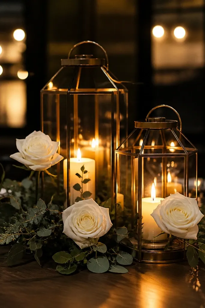 Candle lanterns with white roses on a dark wood reception table