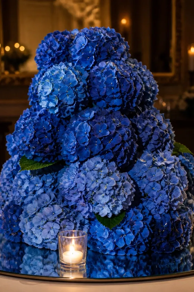 Blue hydrangea mound on a mirrored base with a few silver votives