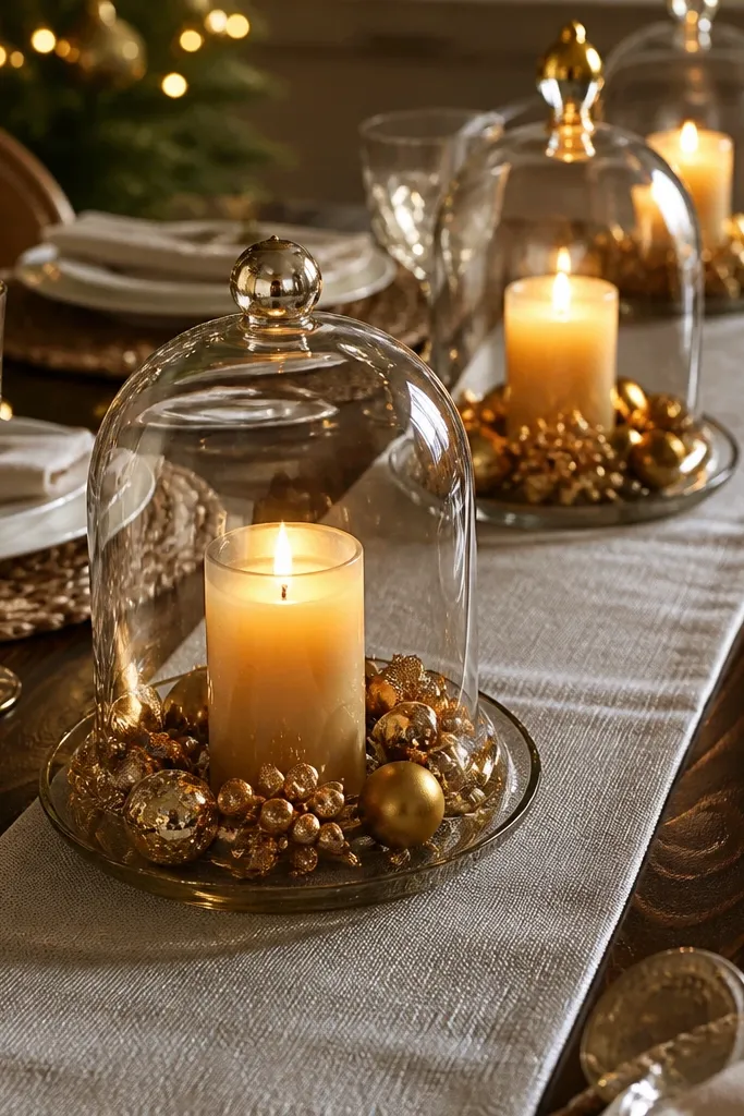 Glass cloches along a runner with mini gold ornaments and warm candles