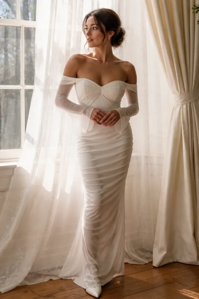 White tulle draped over a window frame with soft warm string lights