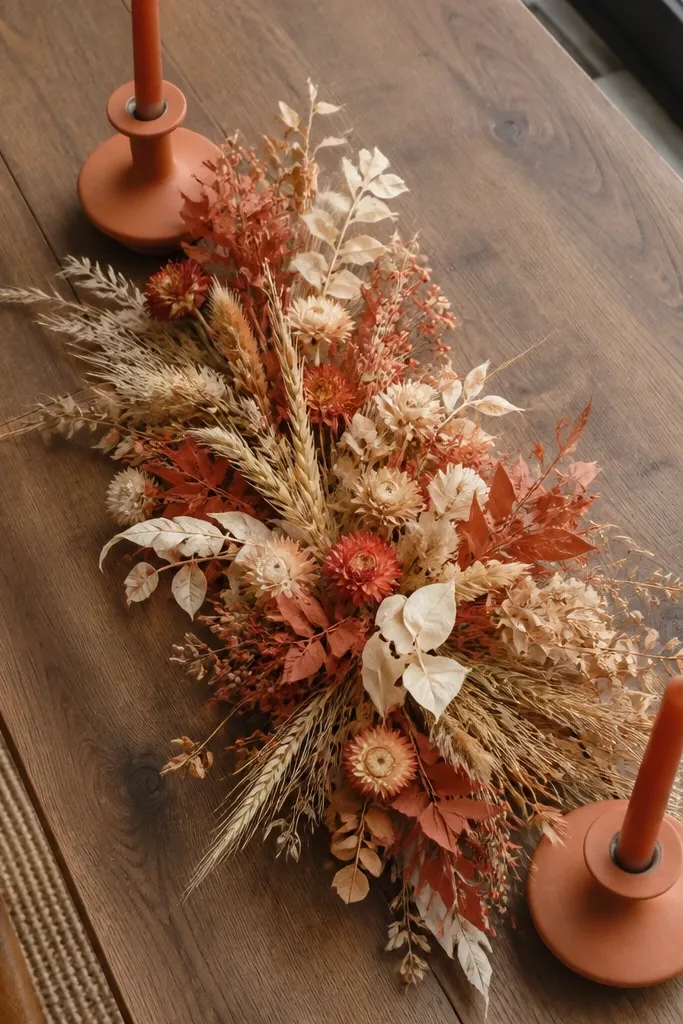 Cream linen table runner with terracotta dried flowers and small candles