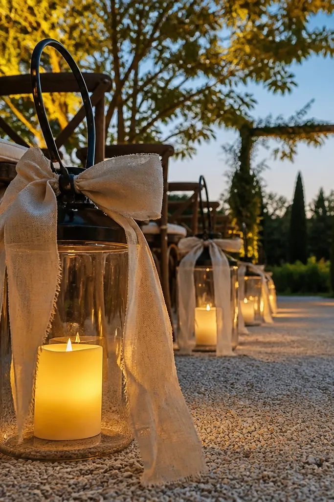Small lanterns lining a walkway with beige linen ribbons tied on handles