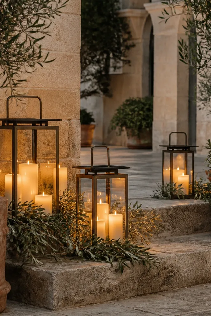 Cluster of white candles on stone steps with olive branches and cream fabric
