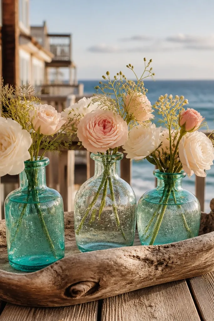 Sea-glass style bud vases on a driftwood tray with white and pale blue flowers