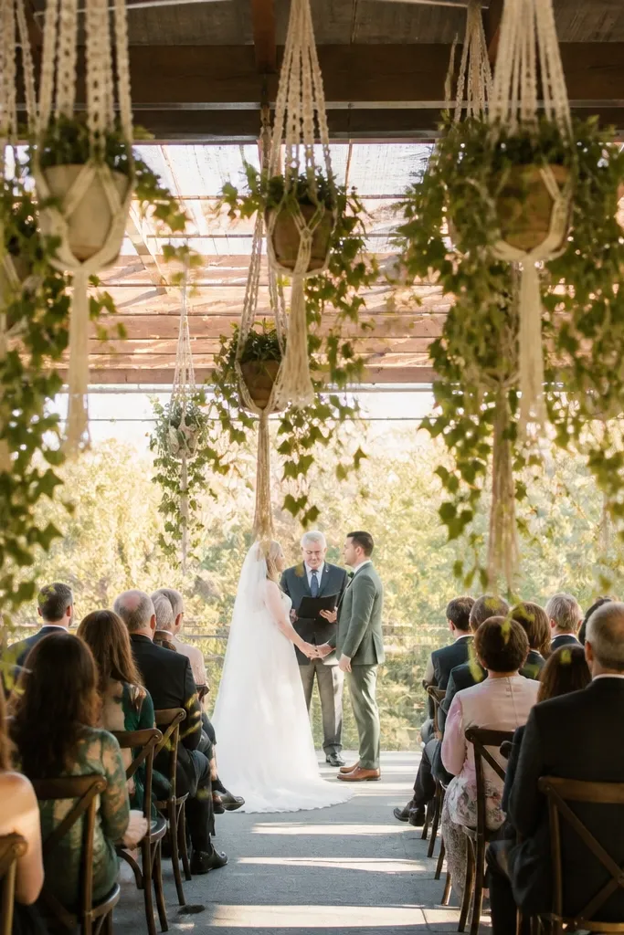Macramé hangers with small greenery and trailing stems behind a ceremony seating area