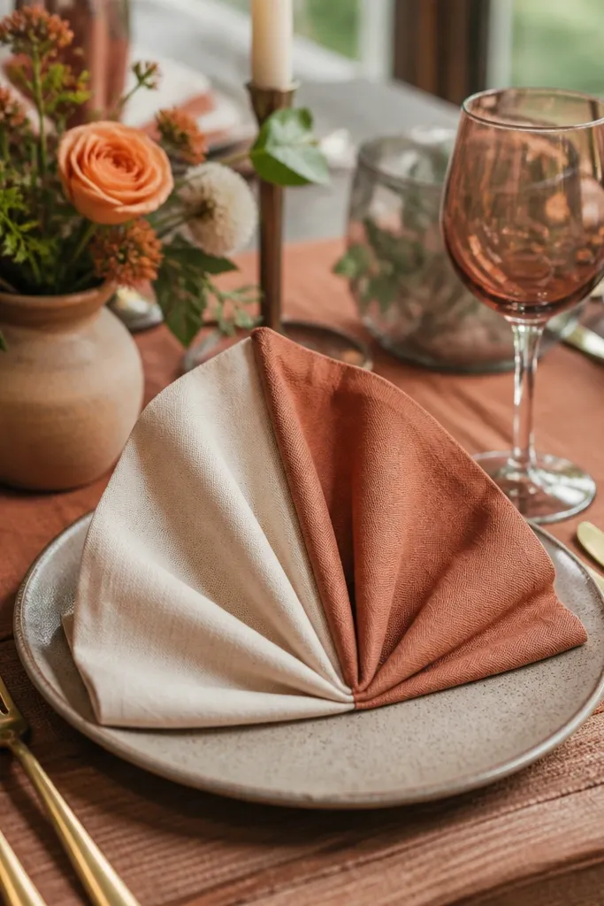 Folded beige and clay linen napkins arranged in alternating rows on a table