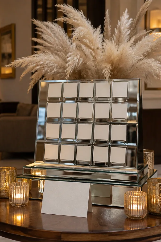 Seating cards on a mirrored base with dried pampas and soft neutral stems