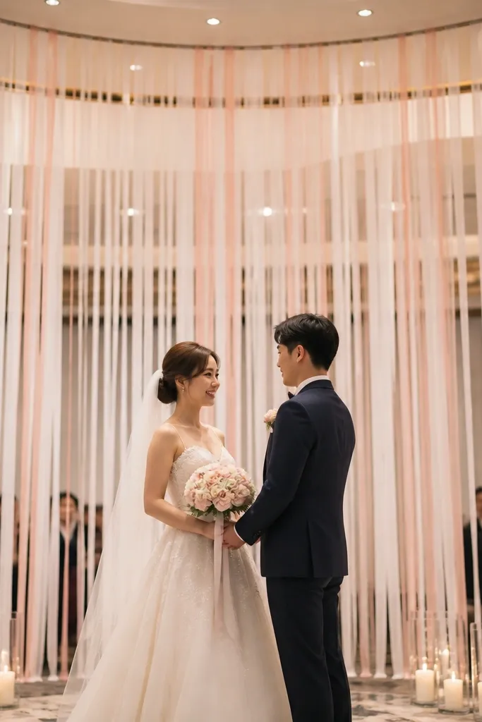 Clear backdrop with sheer ribbon strands in ivory and blush hanging behind chairs