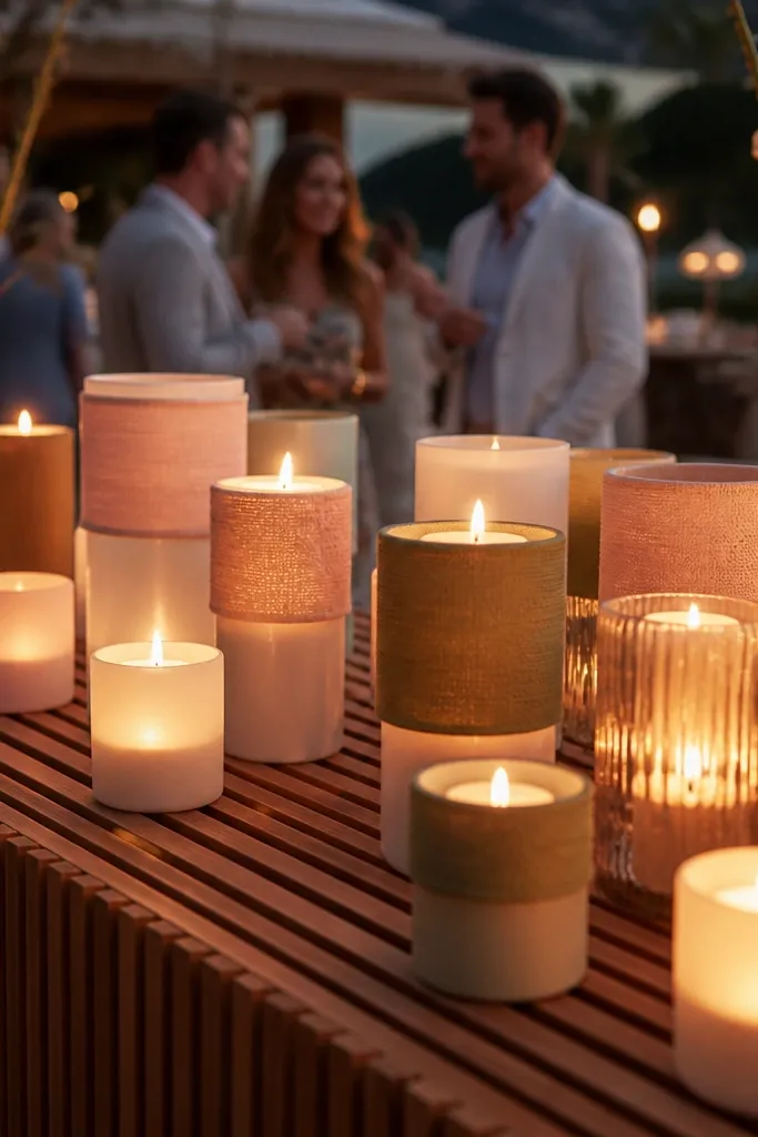 Ivory and blush candleholders on a slatted wood table with a soft runner