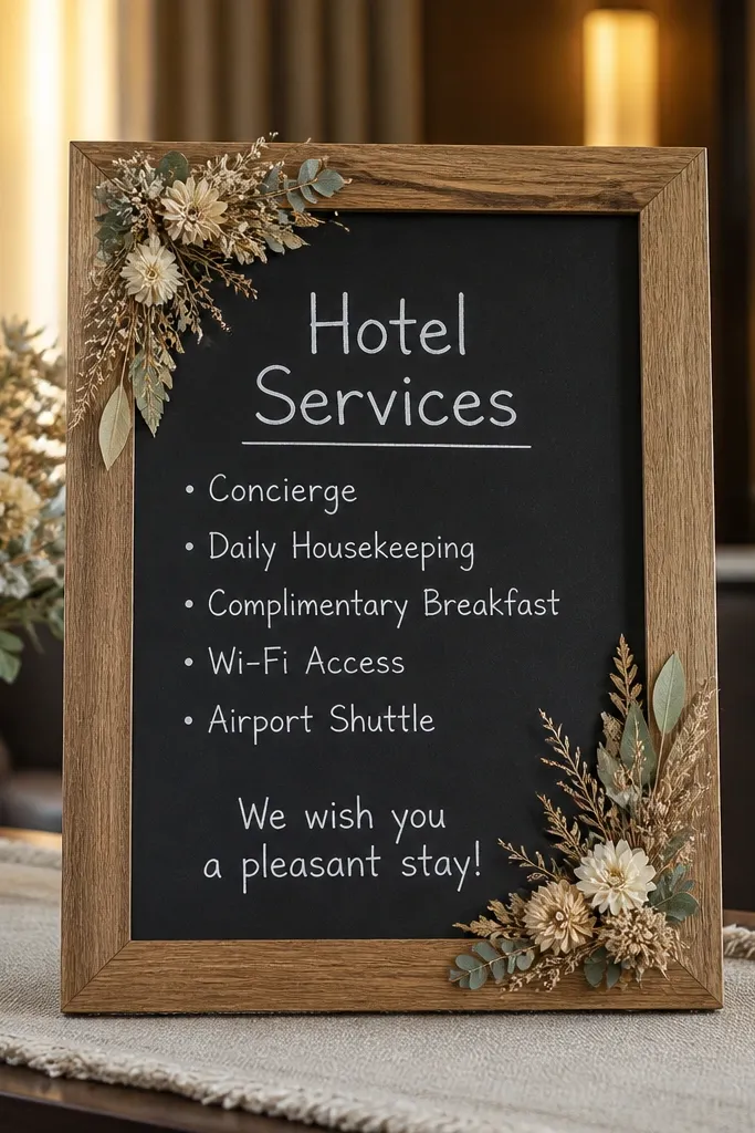 Chalkboard menu with small dried flower clusters tied at the corners