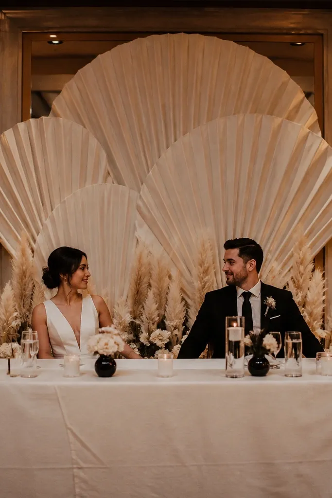 Neutral fabric fans on a wall with pampas plumes layered behind