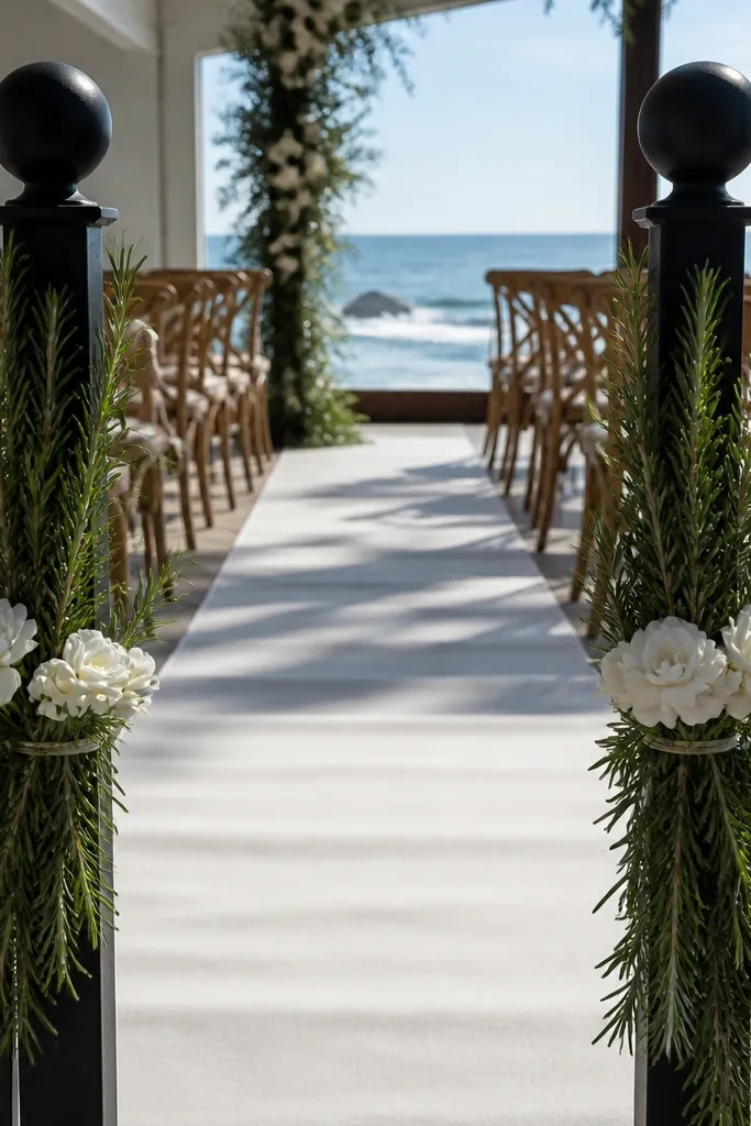 White stanchion tops wrapped with rosemary and small white flowers