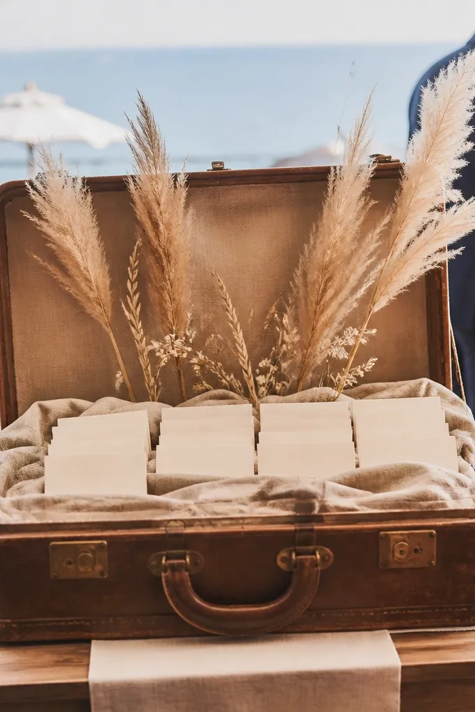 Open vintage suitcases lined with linen holding place cards and small dried stems