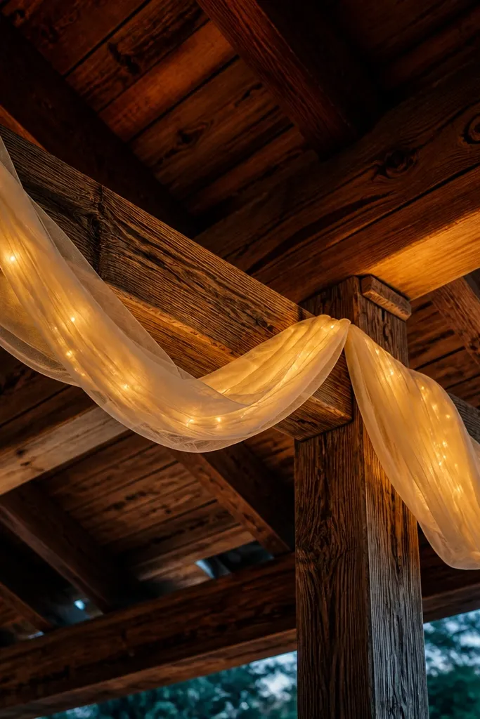 Sheer gauze swag draped across a wooden beam with tiny warm fairy lights