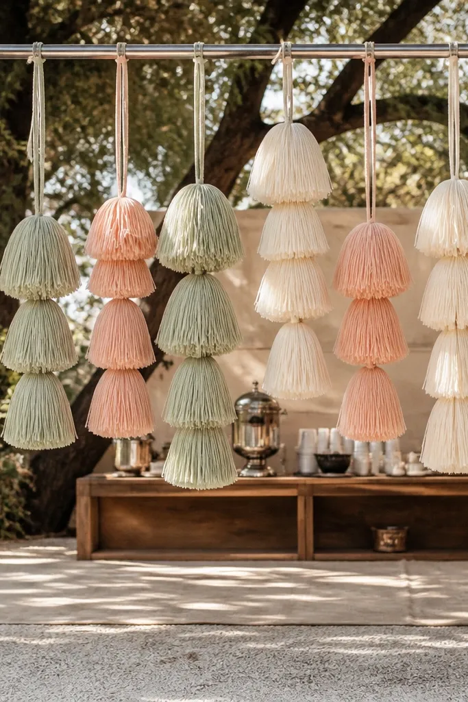 Hanging tassel pom-poms in ivory and blush from a tension rod behind chairs