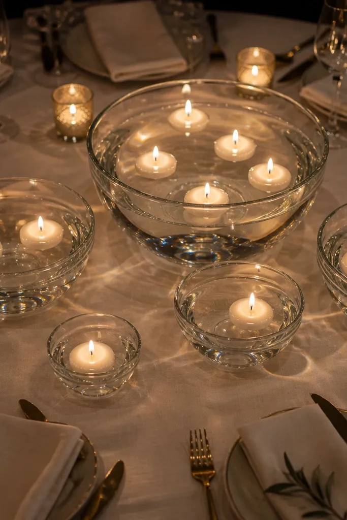 Glass bowls with water and floating candles on a linen table runner