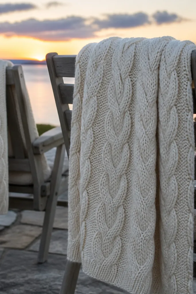 Cream cable-knit throws draped over chair backs at a ceremony seating area