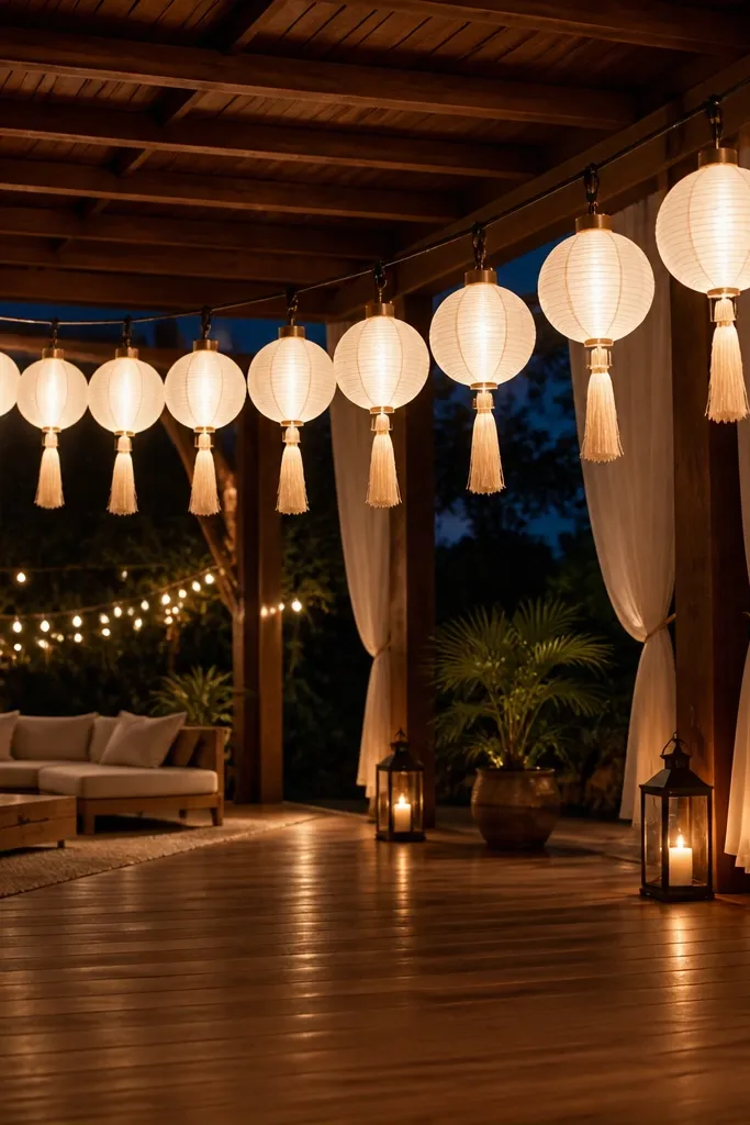 Paper lanterns in warm white with linen tassels hanging over a reception dance space