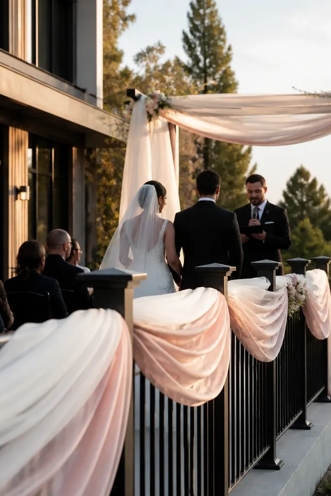 Sheer fabric swags tied along a railing with small knots and ivory ribbon