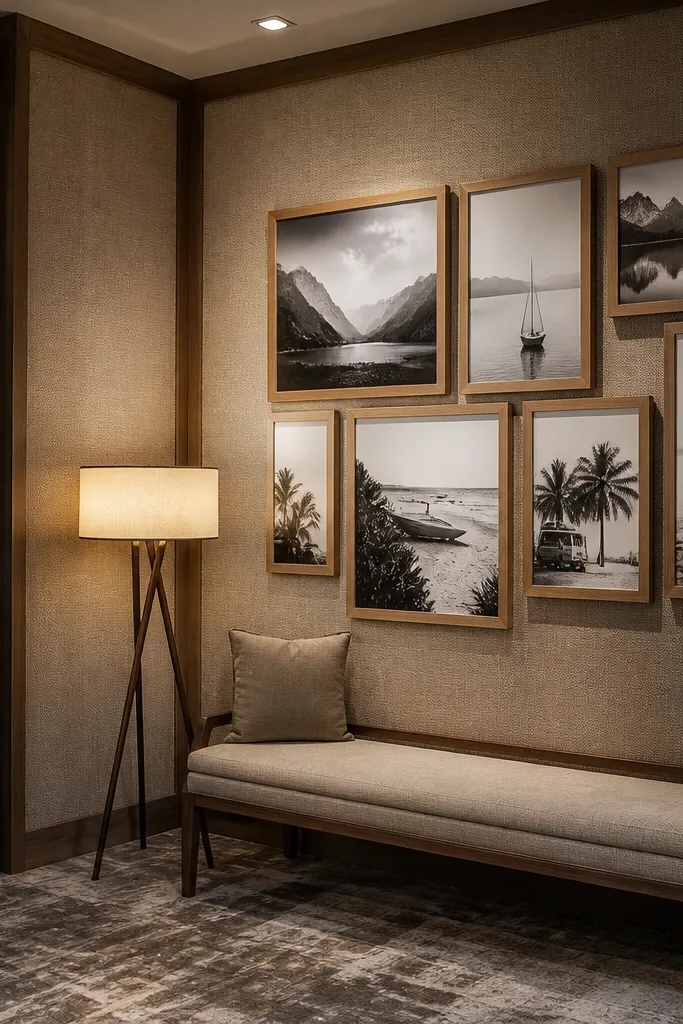 Small corner with framed prints and linen borders on a cream wall