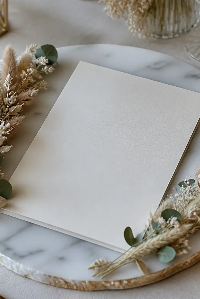 Marble slice stand with a menu card and dried flower sprigs