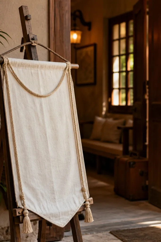 Wooden easel holding a linen sign tied with rope beside a guest welcome table