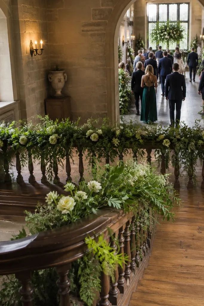 Greenery garland wrapped around a staircase railing with small cream blooms