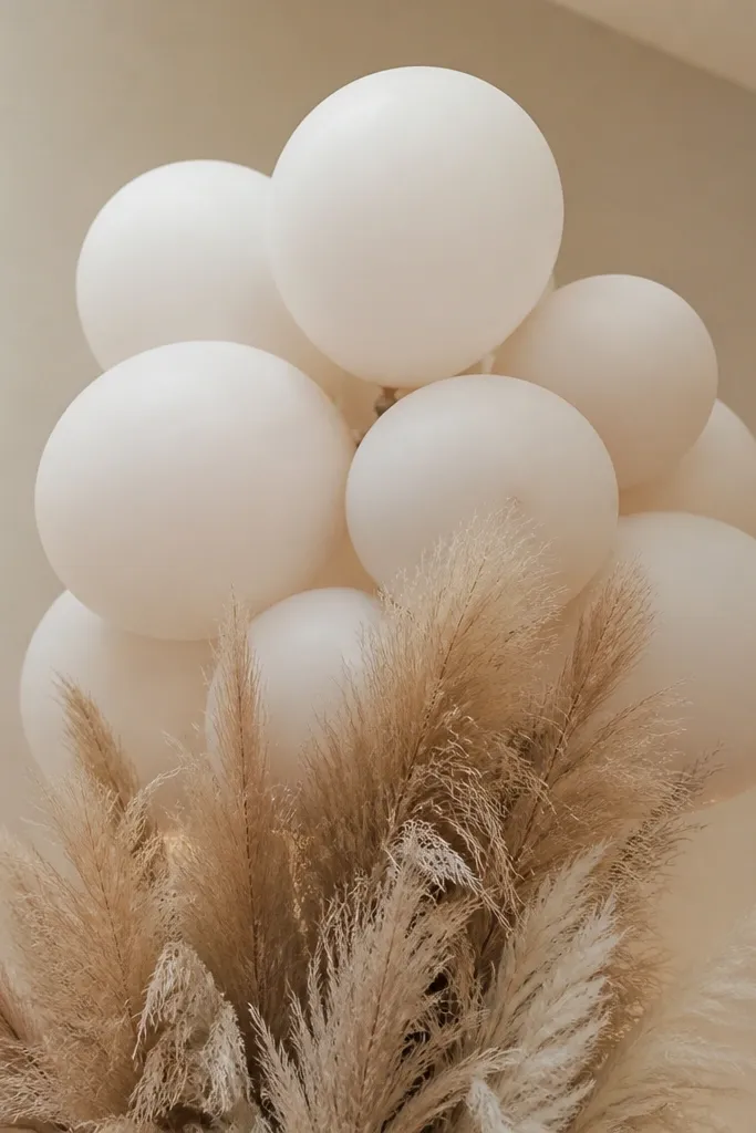 White balloon cluster with pampas plumes and a neutral ribbon tied at the base