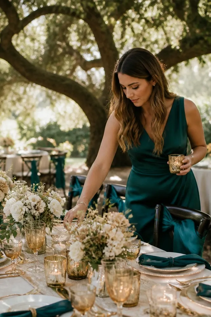Deep teal accents with rust-gold candles and cream table settings