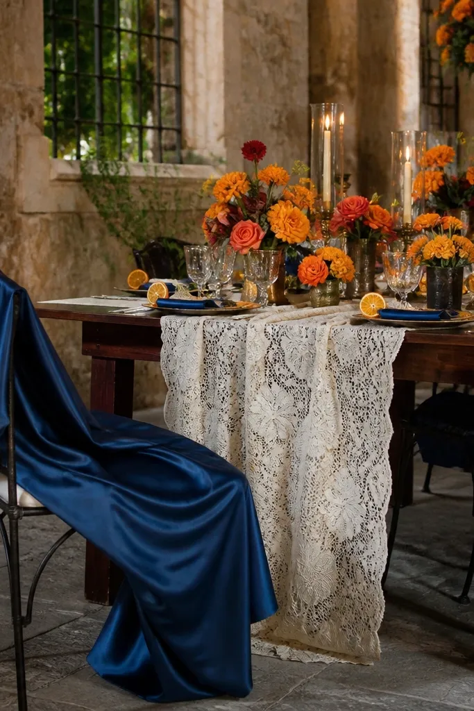 Sapphire blue suits with tangerine flowers and ivory lace table decor