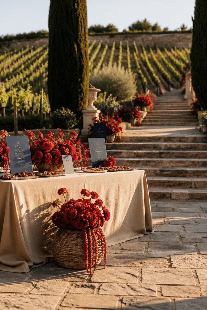 Tomato red wedding accents with blackened navy suits and warm sand linens