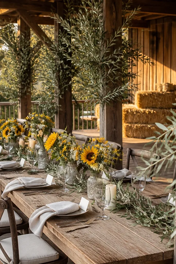 Sunflower yellow bouquets with deep olive greenery and oat-milk table linens