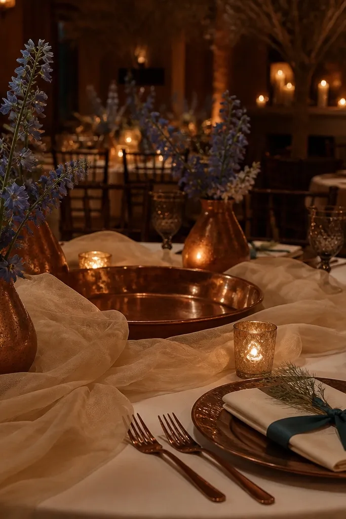 Copper candleholders, teal napkins, and ivory gauze draped fabric