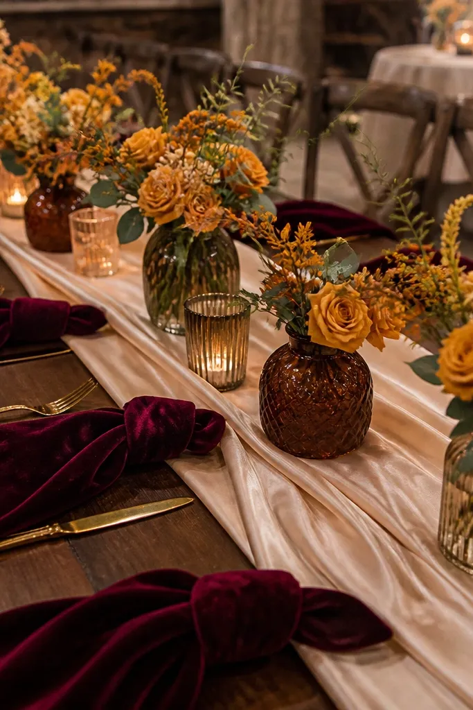 Gold mustard bouquets with deep burgundy napkins and soft white tablecloths