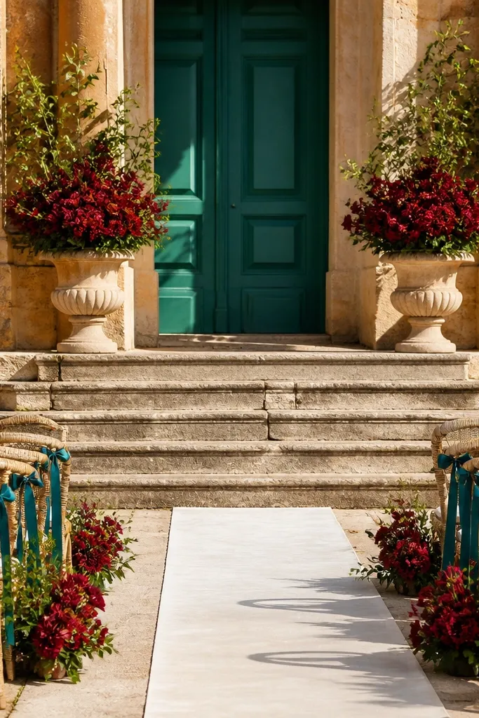 Cranberry red flowers with teal accents and warm limestone table decor